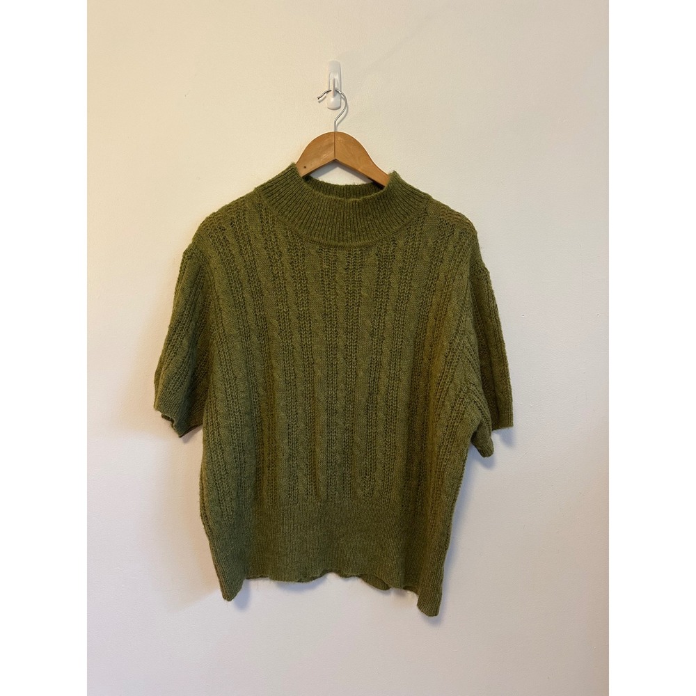 Cider Olive Green Cable Knit Mock Neck Short Sleeve Sweater | Size 3XL